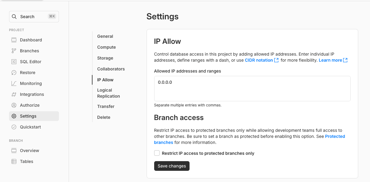 Neon IP Allow configuration